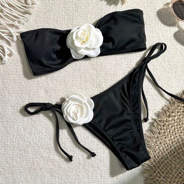 Elegant Solid Color Rose Wrap Bandeau Bikini Set - Adjustable Tied Side & Ribbed Texture - Women's Swimwear For Beach & Pool_ecoleips.com