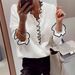 Women's Clothing Fashion Contrast Color Wood Ear Edge Pearl Button Long Sleeve V Neck Sweater Pullover_ecoleips.com