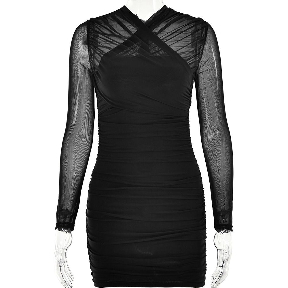 Sheer Mesh Long Sleeve Bodycon Dress Women Tight Pleated Hot Girl Club Dress_ecoleips.com