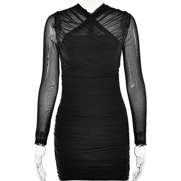 Sheer Mesh Long Sleeve Bodycon Dress Women Tight Pleated Hot Girl Club Dress_ecoleips.com