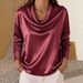 Women's Elegant Satin Top Long Sleeve Relaxed Fit Stacked Neck Luxe Polyester Blend Casual Office Wear Brick Red Lavender Mustard Sky Blue_ecoleips.com