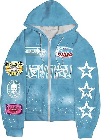 Unisex Full Print Zip Up Hoodie With Stars & Letters | Loose Fit Casual Pullover For Streetwear Fashion_ecoleips.com