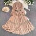 Victorian-Inspired Lace Trim Dress – High Neck Elegant Midi Dress With Flared Sleeves & A-Line Silhouette (5 Colors, One-Size Fits Most)_ecoleips.com