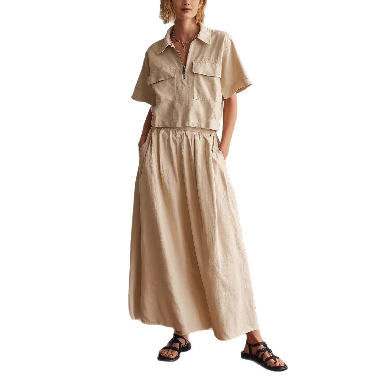 Women's Clothing Women's Fashion Set Summer Casual Solid Color Lapel Short Sleeve Shirt And Loose Long Skirt_ecoleips.com