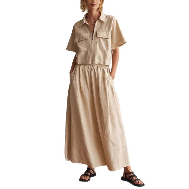 Women's Clothing Women's Fashion Set Summer Casual Solid Color Lapel Short Sleeve Shirt And Loose Long Skirt_ecoleips.com
