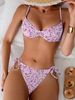 Women Pink Ditsy Floral Bikini Set Underwire Push Up Spaghetti Strap Front Knot Bikini Top Side Tie Cheeky Bottom Summer Beach Bathing Suit_ecoleips.com