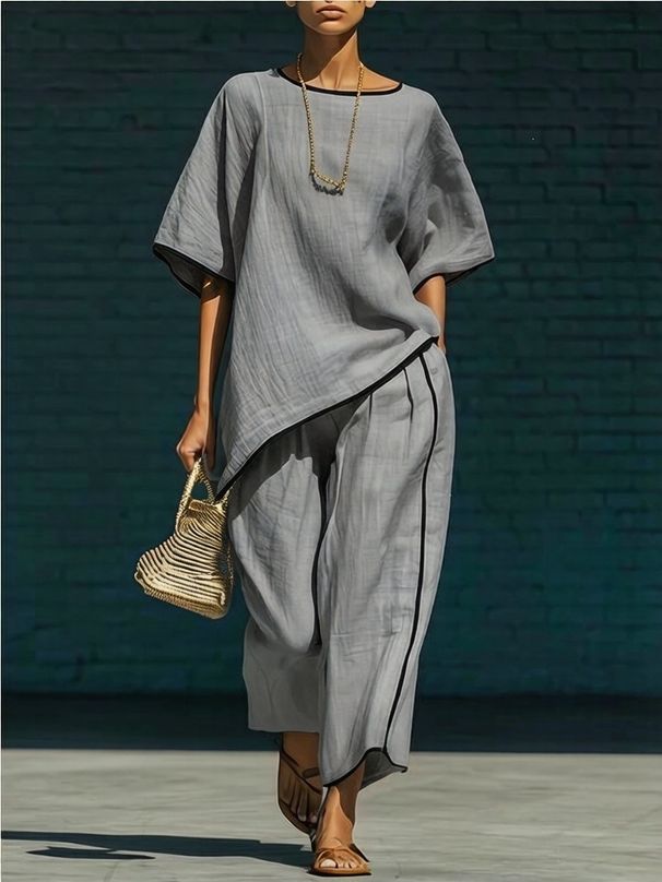 Cross-Border 2026 AIndependent Site New European And American Women's Color-Block Crew Neck Short-Sleeve Top And Long Pants Two-Piece Set_ecoleips.com