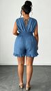 Curvy Faux Denim Sleeveless Romper, V Neck Back Bow Ruffle Flared Hem For Date Beach Festival_ecoleips.com