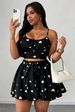 Curvy Heart Print Two Piece Set, Shirred Back Bow Tie A-Line Skirt For Beach Festival Party_ecoleips.com