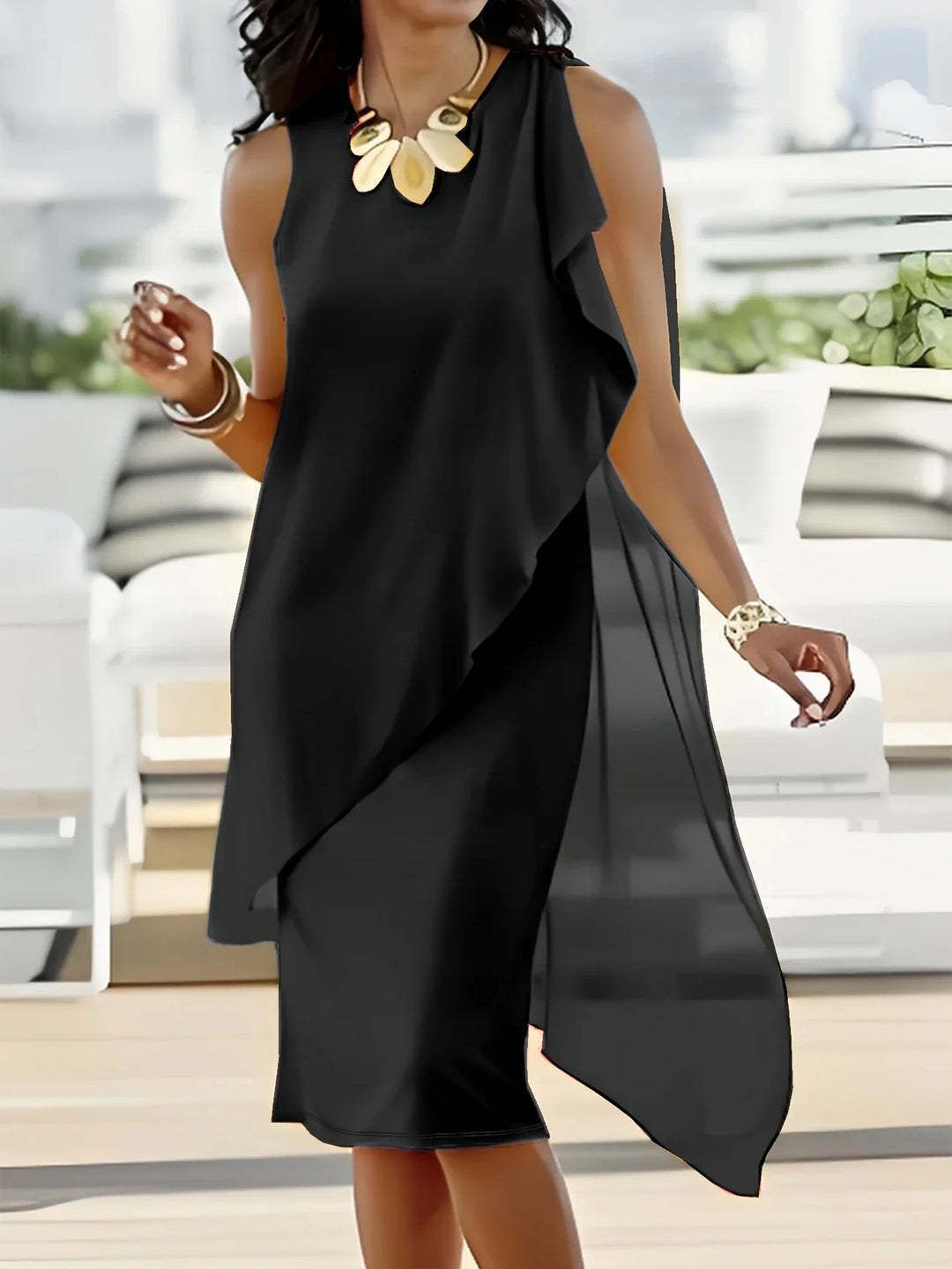 Elegant Chiffon A-Line Dress With Asymmetric Hem, Sleeveless Midi Dress For Women Universally Flattering A-Line Cut_ecoleips.com