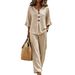 Women's Casual Two-Piece Set: V-Neck Button-Down Blouse With Flutter Sleeves & Elastic Waist Trousers_ecoleips.com