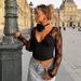 Women’s Sexy Lace-Paneled V-Neck T-Shirt – Stretch Polyester Blend With Sheer Mesh Inserts (S-L, Black)_ecoleips.com