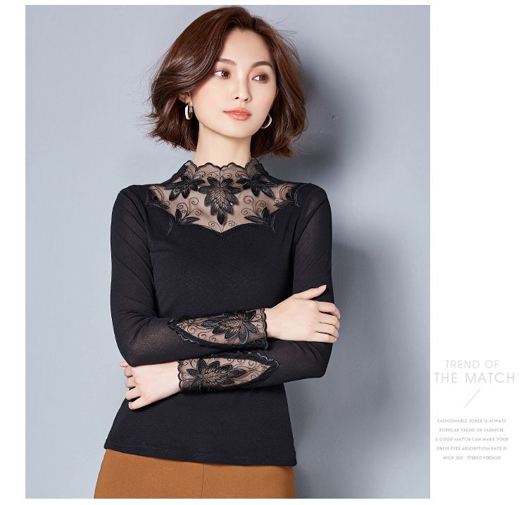 Sheer Mesh Layering Top With Lace Trim & Wave Hem | Semi-High Neck Long Sleeve Blouse (Versatile, Feminine & Breathable)_ecoleips.com