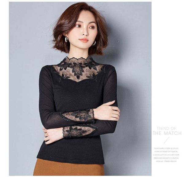 Sheer Mesh Layering Top With Lace Trim & Wave Hem | Semi-High Neck Long Sleeve Blouse (Versatile, Feminine & Breathable)_ecoleips.com