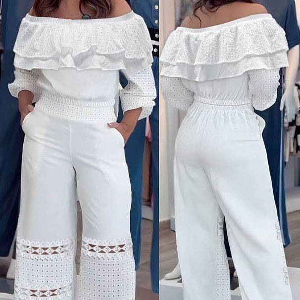 Women's Off-Shoulder Lace Two Piece Set Hollowed Out Ruffle Design_ecoleips.com