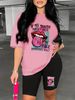 Summer Women's Casual And Fashionable Lip Print Letter Print Loose T-shirt+shorts Two-piece Sportswear Suitable For Daily Wear-79_ecoleips.com