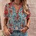 Women's Printed Short Sleeve Shirt With Unique Button Detail, Flowy V-Neck Blouse For Casual Wear Comfortable Relaxed Fit_ecoleips.com