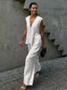 Women's Clothing Cotton V Neck Sleeveless Top Vest Trousers Suit Pure Color Temperament Commuter Two Piece Suit_ecoleips.com