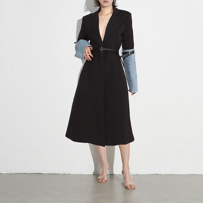 Women's Clothing Women's Streetwear Trendy Trench Coat Spring Fashionable Suit Collar Long Sleeve Denim Patchwork Long Waist Cinching Coat_ecoleips.com