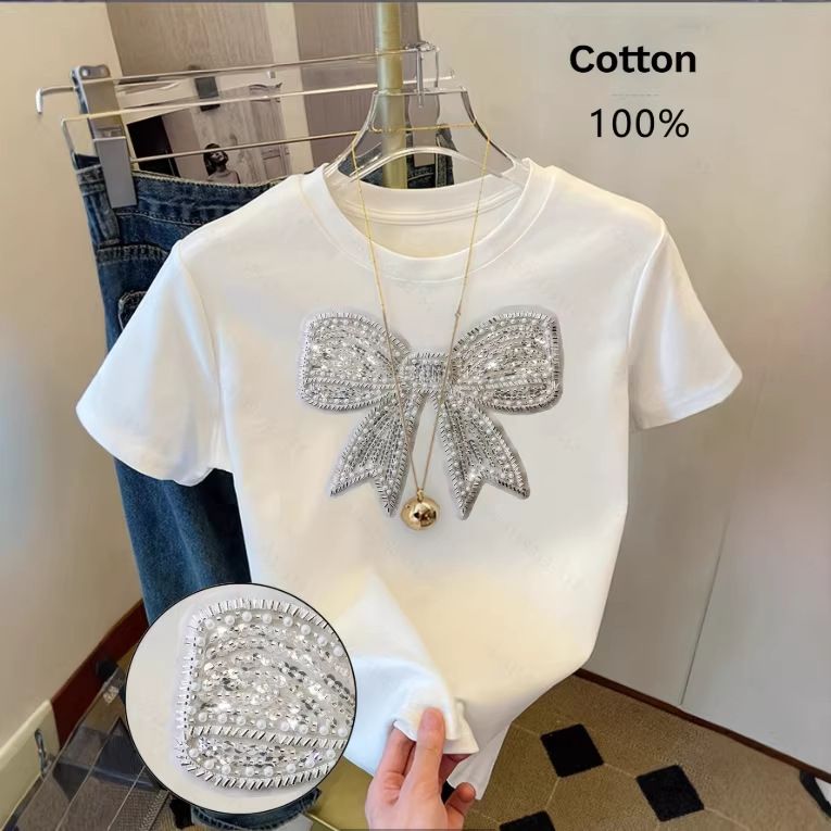 Women's round Neck Short Sleeve T-Shirt Rhinestone Bow Detail Summer Top_ecoleips.com