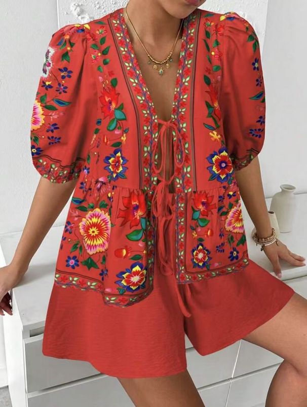 Women's Clothing Summer New Style Printed Cardigan Lace Up Short Sleeved Top Shorts Suit_ecoleips.com