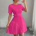 Women's Slim Fit Patchwork Dress Waist Cinching Pleated Short Sleeved Cargo Skirt European American Style Summer_ecoleips.com