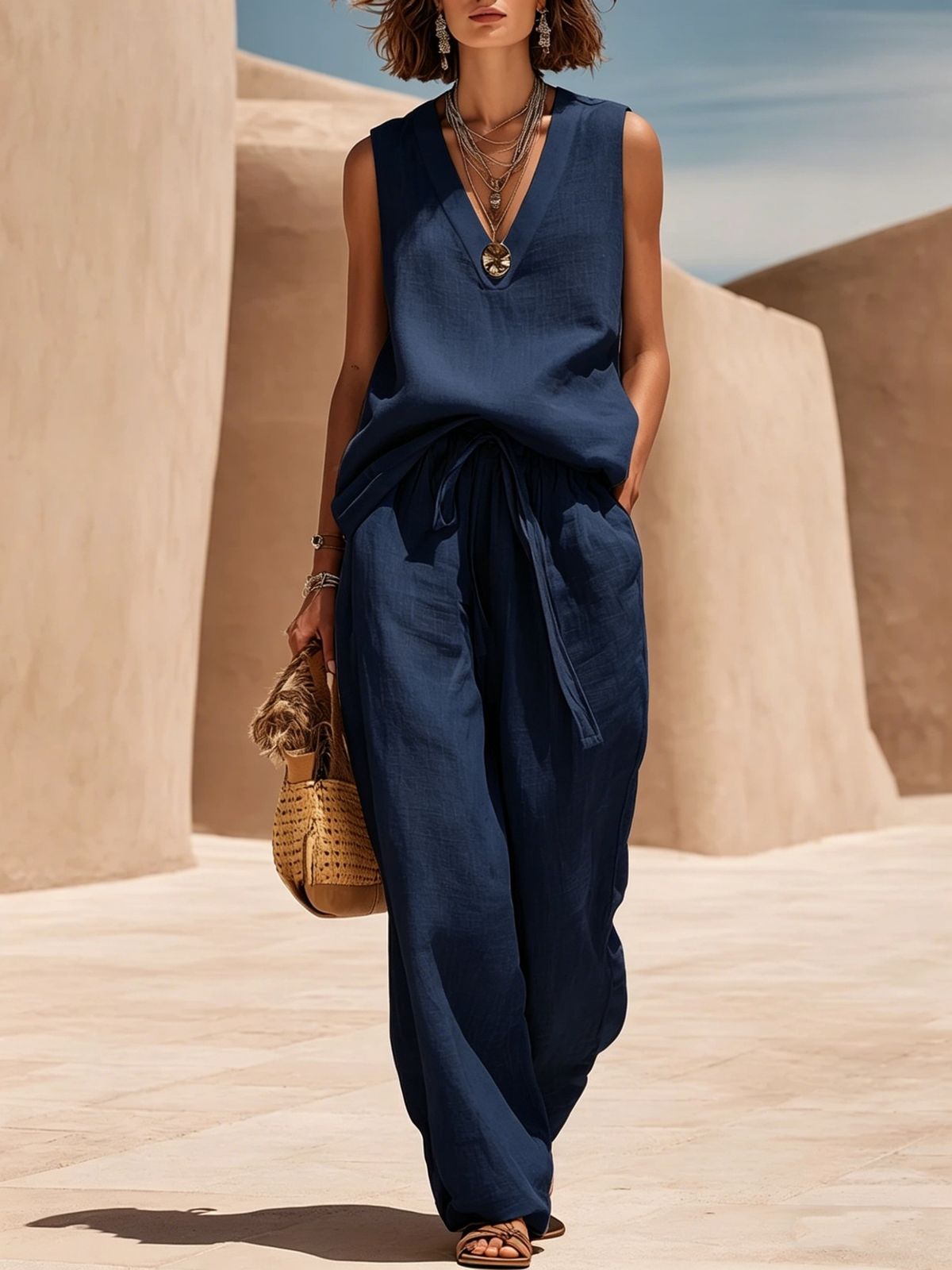 Women's Two Piece Set Vacation Style V Neck Sleeveless Top with Drawstring Wide Leg Pants Loose Fit European American Design_ecoleips.com