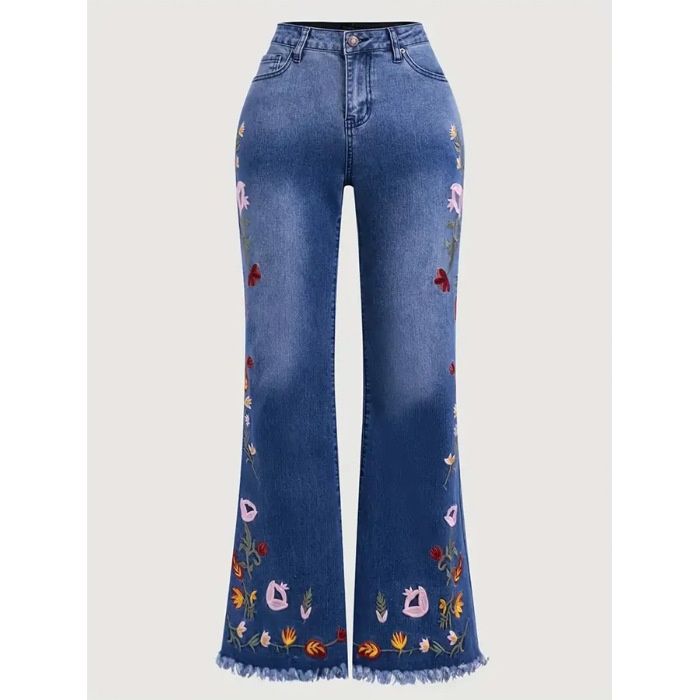Cross-border, Vintage Dark Blue, Embroidered Jeans Women, Mid-high Waist, Extended Length, Floor-length Flared Pants For_ecoleips.com
