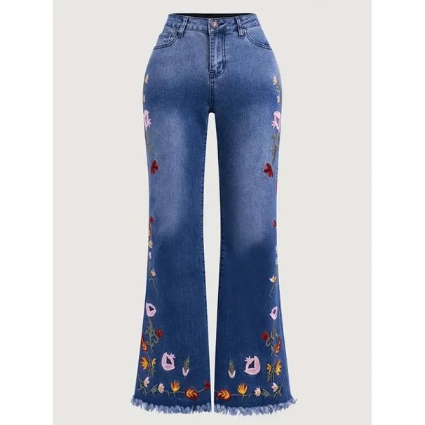 Cross-border, Vintage Dark Blue, Embroidered Jeans Women, Mid-high Waist, Extended Length, Floor-length Flared Pants For_ecoleips.com