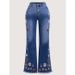 Cross-border, Vintage Dark Blue, Embroidered Jeans Women, Mid-high Waist, Extended Length, Floor-length Flared Pants For_ecoleips.com