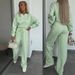 Women's Clothing Spring Suit Solid Color Round Neck Long Sleeve Letter Embroidery Sweater Lace Up Pants Two Piece Set_ecoleips.com