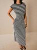 Women's Slim Fit Striped Knit Dress Sleeveless Long One Piece Skirt Elegant Autumn Casual Polyester Dress_ecoleips.com