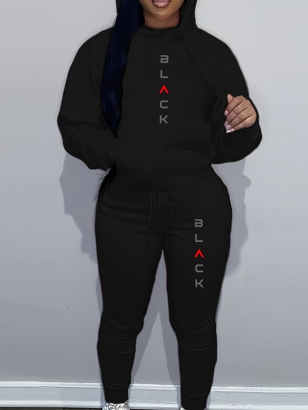Women's Autumn And Winter Fashion Casual BLACK Letter Print Thick Suede Warm Hooded Sweatshirt+sports Pants Set-815_ecoleips.com