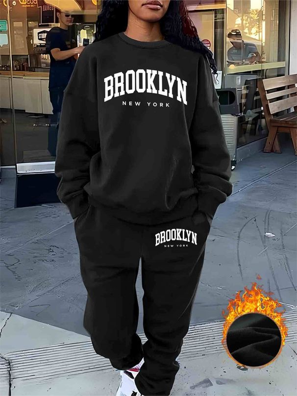 Women's Autumn/Winter Hip Hop Casual Street Brooklyn New York Letter Printed Round Neck Sweatshirt+Sweatpants Warm Set-649_ecoleips.com