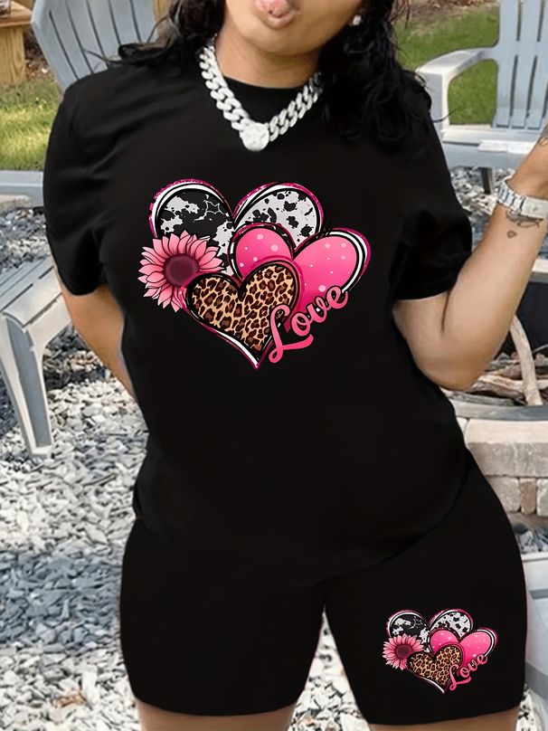 Summer Women's Casual Fashion Love Floral Print Loose T-shirt+shorts Two-piece Sportswear Suitable For Daily Wear-122_ecoleips.com
