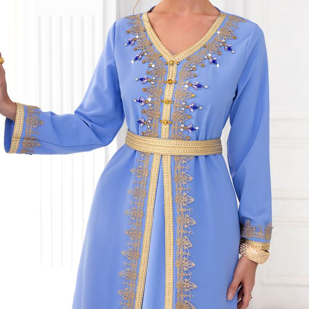 BA9028 light blue webbing hand-stitched long-sleeved fake two-piece dress spring travel elegant and fashionable long dress_ecoleips.com