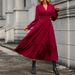Women's Long Sleeved V Neck Dress Autumn Winter Fashion Ruffled Hem Pleated Elegant Casual Maxi Dress_ecoleips.com