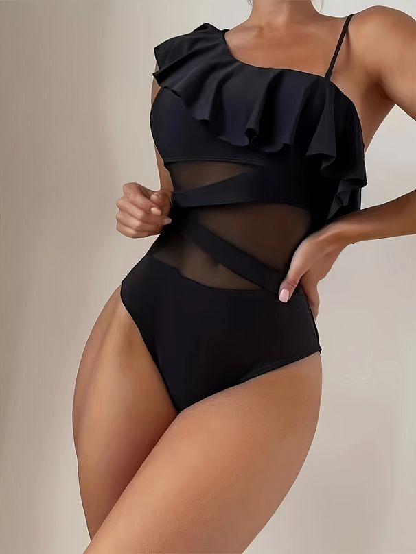 Women's Clothing Swimsuit Female Pure Color Sexy Tulle Breathable One Piece Swimsuit_ecoleips.com