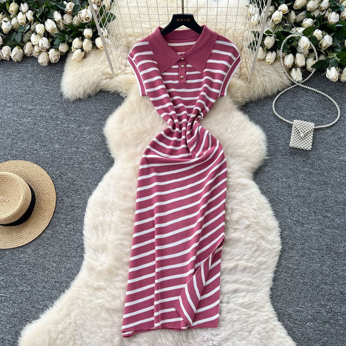Women's Korean Chic Retro Striped Dress Polo Collar Short Sleeved Fitted Waist Elegant Slit Midi Skirt Summer Style Niche_ecoleips.com