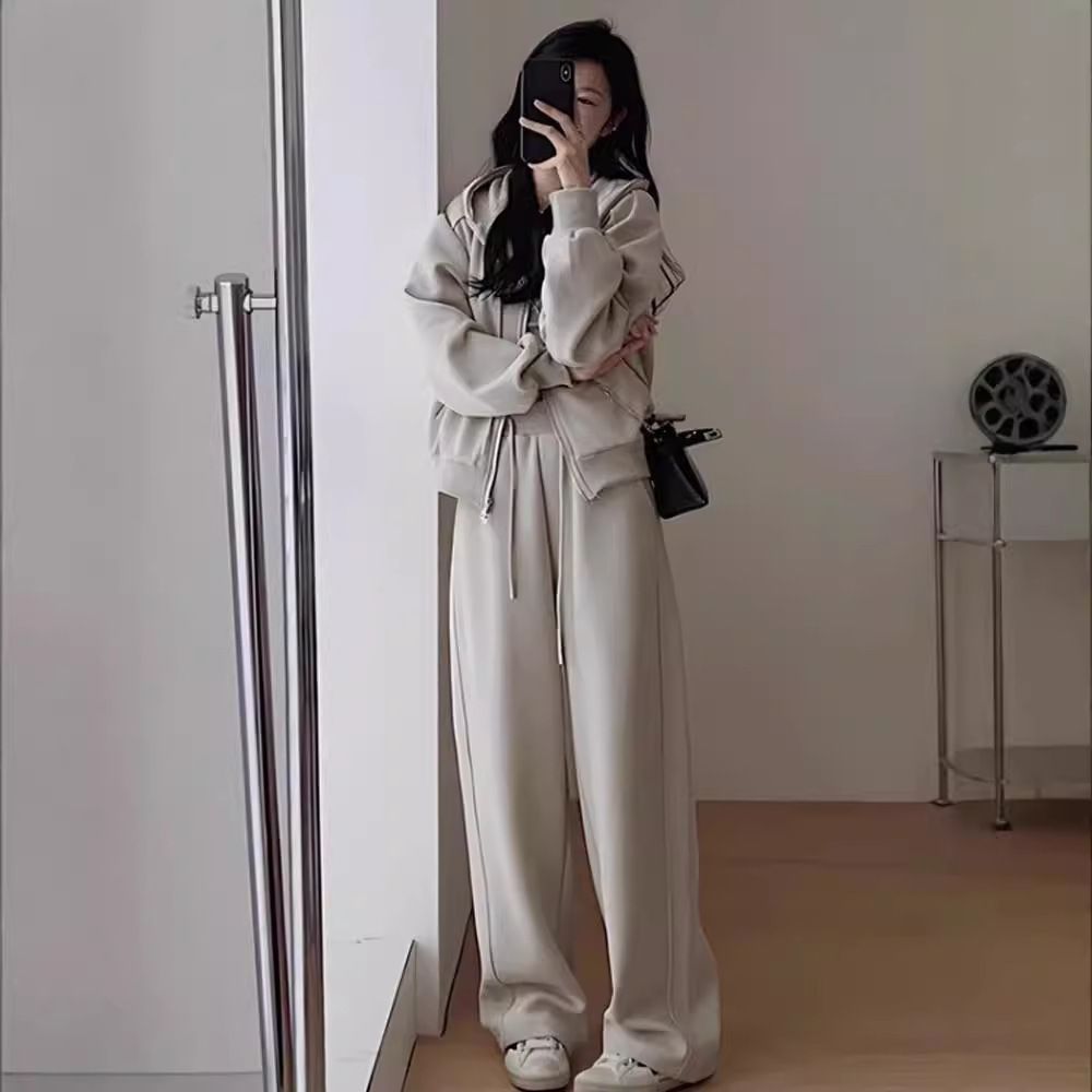 Women's Autumn Winter Casual Sweatshirt Sportswear Slimming Fashion Wide Leg Pants Hooded Two Piece Suit Reducing Age_ecoleips.com
