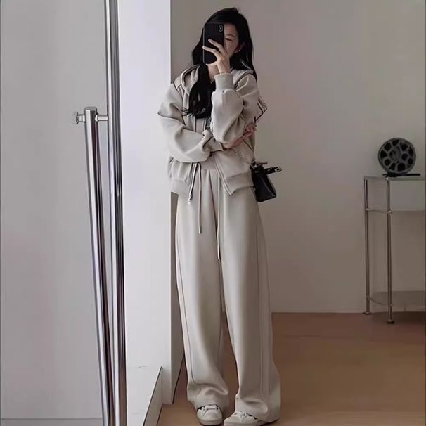 Women's Autumn Winter Casual Sweatshirt Sportswear Slimming Fashion Wide Leg Pants Hooded Two Piece Suit Reducing Age_ecoleips.com