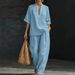 Spring Summer Women's Casual V Neck Pants Suit Loose Fitting Mid Sleeve Fashionable New Arrival_ecoleips.com