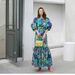Women's Clothing Summer New Fashion Long Skirt Printed Floral Daisy Pastoral Super Slim Round Neck Fishtail Dress_ecoleips.com