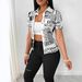 Fashion Newspaper Printed Single Breasted V Neck Shirt Women's Shirt_ecoleips.com