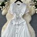 French Style Chic V Neck Dress Metal Buttons Cinched Waist Slimming Mesh Lace Ruffles_ecoleips.com