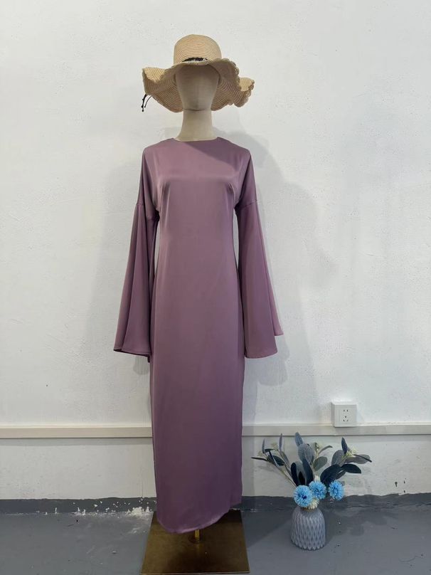 Spring Satin Slimming Dress For Women With Bell Sleeves And Waist Cinching Solid Color Blend Of Cotton And Polyester_ecoleips.com