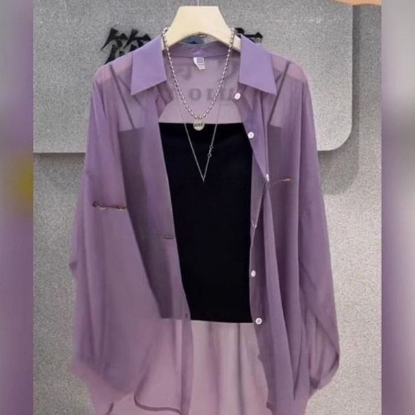 Women's Clothing Shiny Pearlescent Chiffon Long Sleeved Sun Protection Shirt Loose And Versatile Shirt Jacket_ecoleips.com