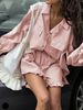 Women's Spring Summer Light Pink Linen Co-ords, Ruffle Shirt With Chest Patch Pockets & Elastic High Waist Loose Shorts_ecoleips.com