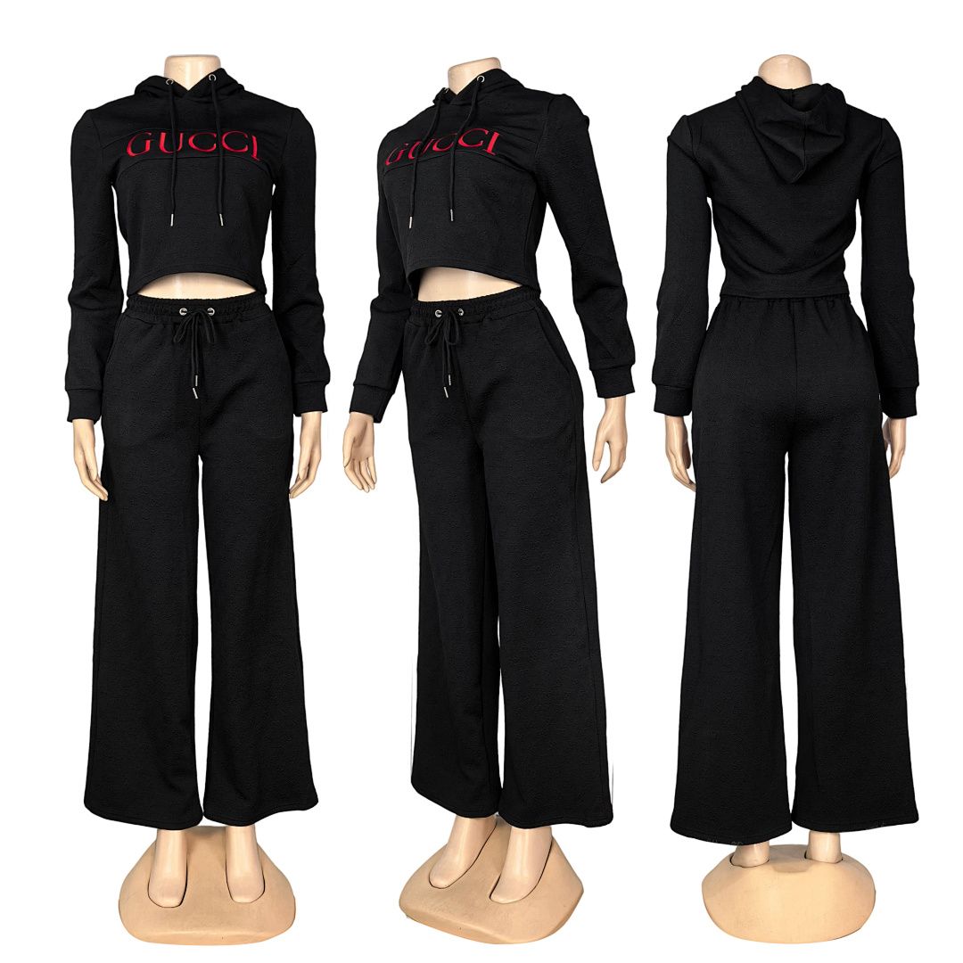 Women's Fashion Casual Sports Sweatshirt Set Two Piece Hooded Crop Top Wide Leg Pants European American Style_ecoleips.com