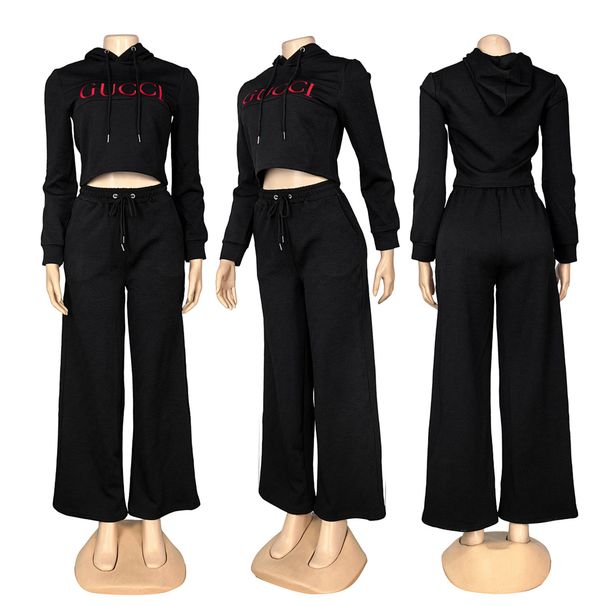 Women's Fashion Casual Sports Sweatshirt Set Two Piece Hooded Crop Top Wide Leg Pants European American Style_ecoleips.com